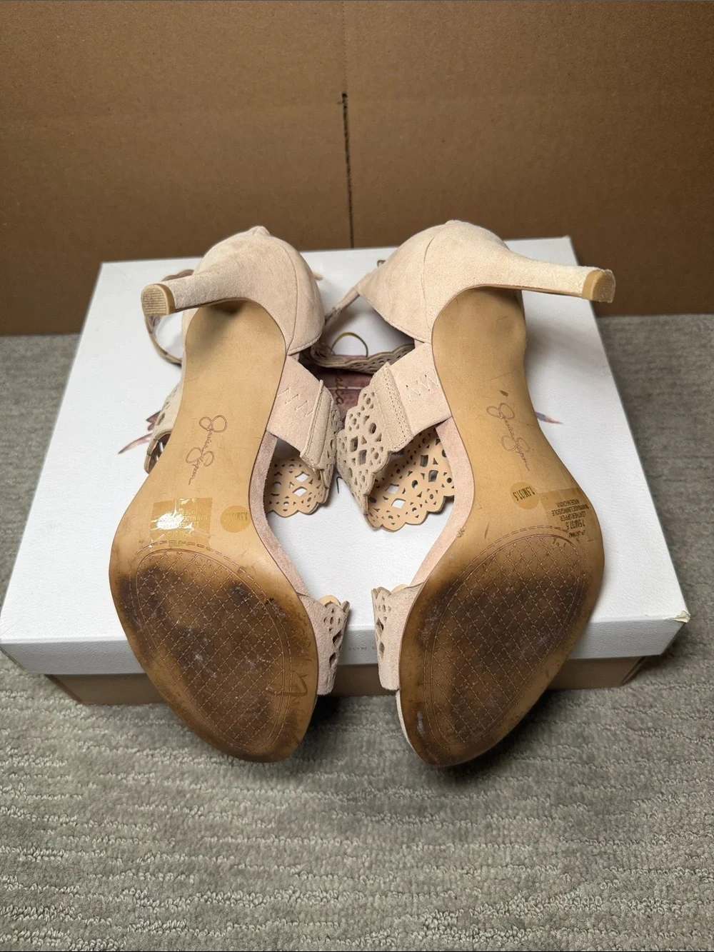Jessica Simpson Nude Laser-Cut Suede Heel Sandals 4 inches
